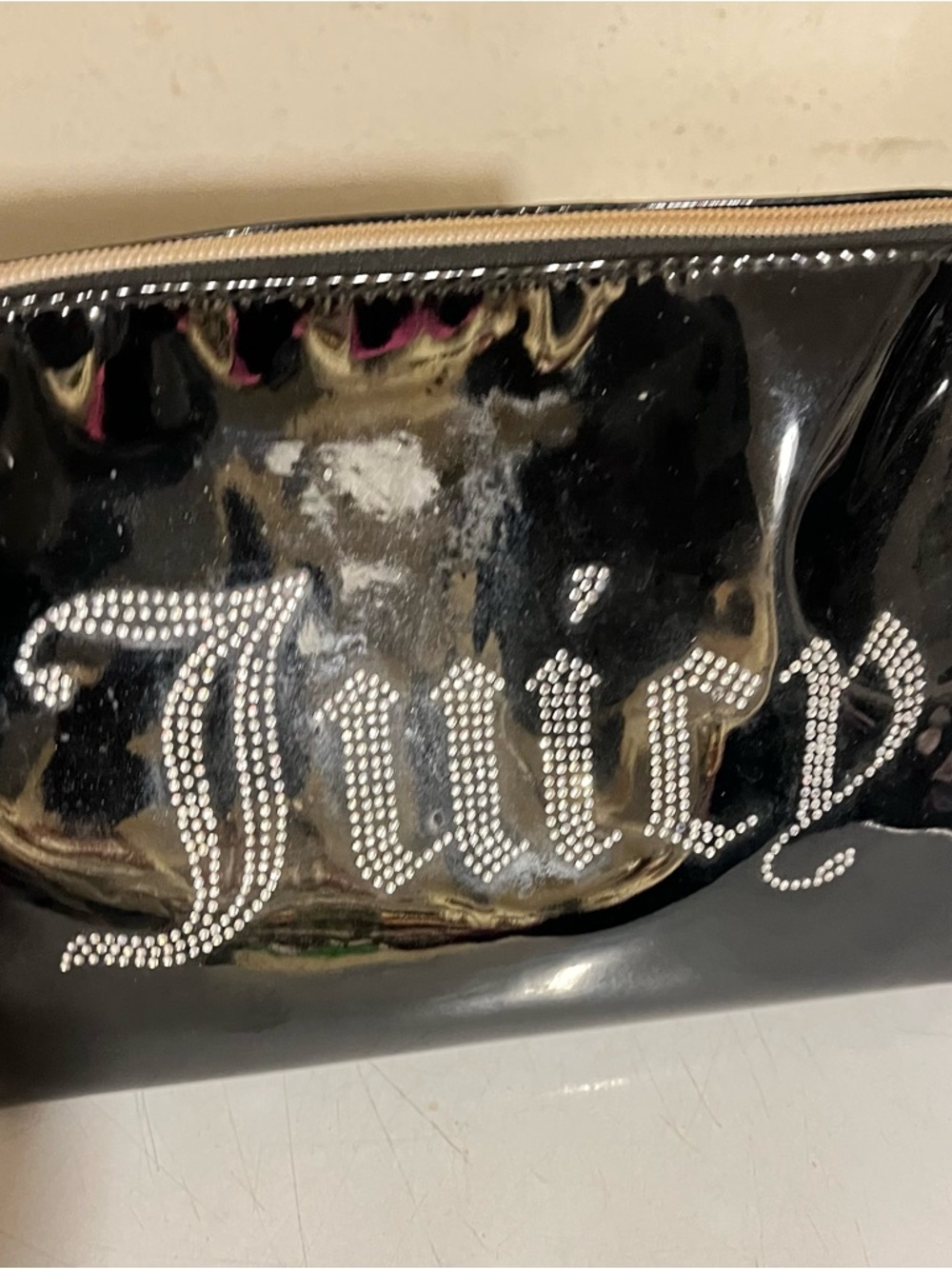 Juicy Couture Black Patent Cosmetic Pouch with Rhinestone Logo